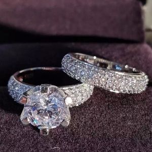 💯 NEW 925 STERLING SILVER DIAMOND 2 PC SET RING